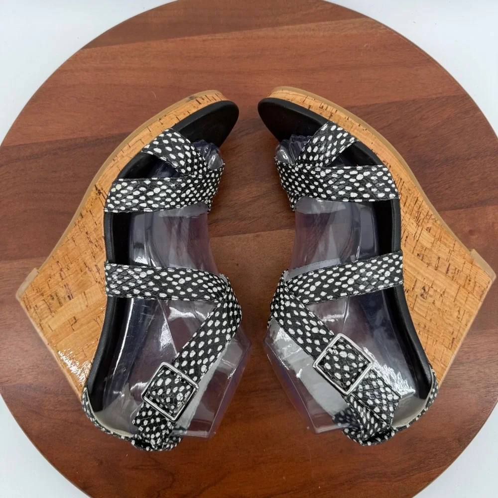 Cole Haan Wedge Sandals Black White‎ Snakeskin Print Cork Grand.OS Womens 8B